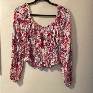 Astr Red and Pink Smocked Long Sleeve Blouse